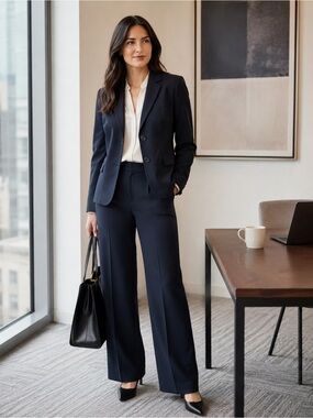 Ann Taylor Petites Navy Blue Pant Suit Set Size 6P Office Career Workwear